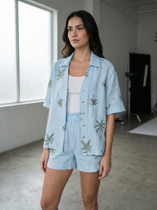Blue Palm Tree Embroidered Set