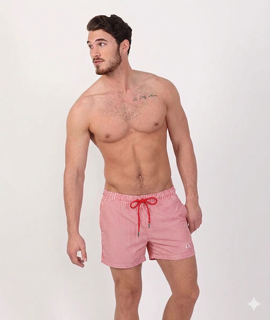 Red Striped Men Swim Shorts